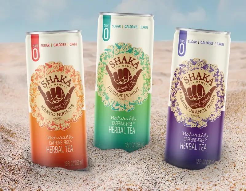 Shaka Tea flavor varieties with a beach background